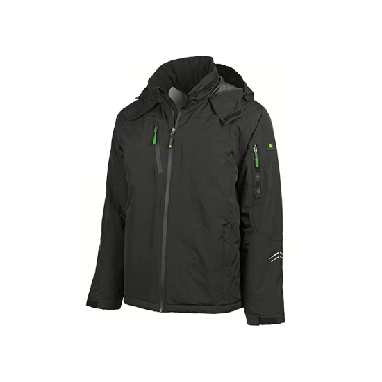 Vista frontal de una chaqueta con capucha negra de John Deere con tiradores de cremallera verdes y un diseño blanco en uve en la manga.