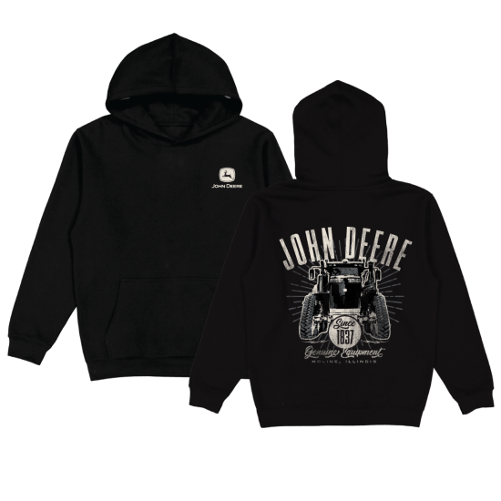 Front and back views of a black John Deere hooded sweatshirt with a chest logo and a vintage tractor graphic on the back.
