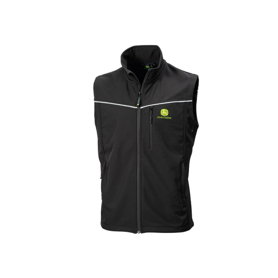 Front view of a black John Deere sleeveless vest featuring a full zip, stand-up collar, white stripe, and chest pocket.