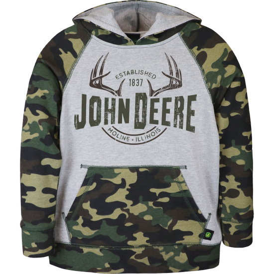 Vista frontal de una sudadera con capucha de John Deere de camuflaje gris y verde para niños con bolsillo delantero y gráfico de cornamenta.
