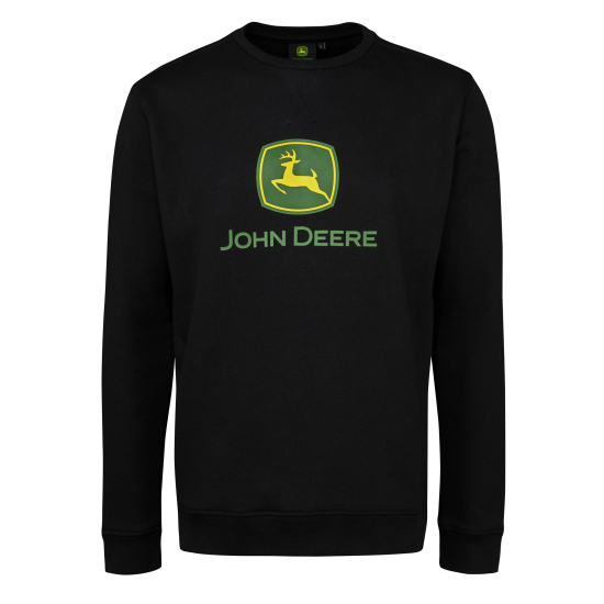 Vista frontal de una sudadera de John Deere negra con el emblemático logotipo en verde y amarillo y el texto "JOHN DEERE".