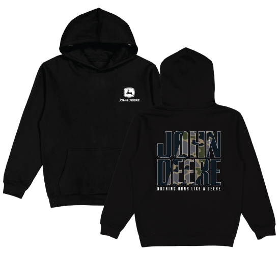 Black John Deere hoodie shown from the front with a small logo and from the back with large camouflage text and slogan.