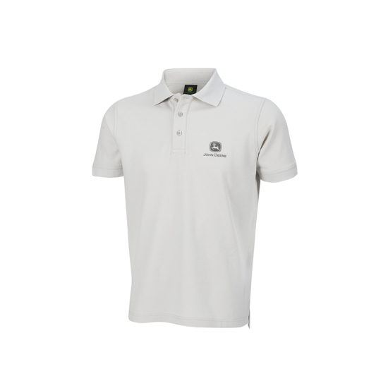 Front and back view of a light gray John Deere polo shirt with a striped collar, striped cuffs, and a three-button placket.