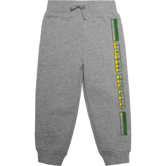 Front view of grey kids' sweatpants featuring a green and yellow John Deere logo vertically on the right leg.