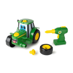 Front-left view of a green John Deere toy tractor with blue eyes, a yellow cap, and a detached wheel, alongside a green and yellow toy drill and bolt.