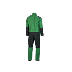 Back view of a green and black work overall featuring a high collar, elasticated waist, and reflective strips on the lower legs.