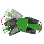 Top-down view of a green John Deere articulated tractor scaled model with front attachment, demonstrating its range of motion.
