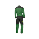 Vista trasera de un mono de trabajo verde y negro de manga larga, con bolsillos cargo y cremalleras en las piernas.