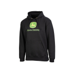 Vue avant d’un sweat à capuche noir John Deere avec un logo vert sur la poitrine et une poche kangourou.