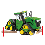 Front-right view of a green John Deere tracked tractor model with yellow track wheels and two logs under its tracks.