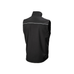 Achteraanzicht van een zwart, mouwloos vest met een hoge kraag en een witte horizontale streep over de bovenrug.