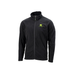 Front-left view of a black John Deere fleece jacket with a full zip and a green and yellow logo on the left chest.