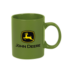 Front view of a green John Deere mug featuring the yellow deer logo and black John Deere text.