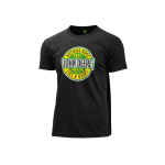 Vista frontal de una camiseta negra de John Deere, con un logotipo circular verde y amarillo desgastado en el pecho.