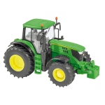 Vista frontal derecha en ángulo de un modelo a escala de tractor John Deere serie 6R verde, con cubos de rueda amarillos y un bloque de contrapeso delantero.