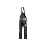 Vista trasera lateral de un peto de trabajo de color gris oscuro, con paneles gris claro, tirantes ajustables y detalles de costuras claras.