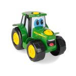 Front-side view of a green John Deere toy tractor with yellow wheels, black tires, and a cartoon face.