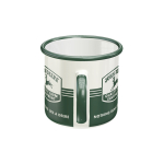 Angled view of a white enamel-style John Deere mug with a dark green rim, handle, and logo featuring a leaping deer.