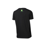 Angled back view of a black t-shirt featuring a green John Deere logo and text on the upper back.