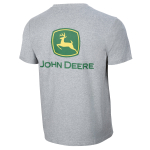Back view of a black short-sleeved t-shirt featuring the John Deere logo with a green shield, yellow deer, and green text.