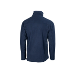 Back view of a navy blue fleece jacket with black side panels and a stand-up collar.