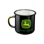 Angled view of a black enamel John Deere mug with a yellow and black handle and the green and yellow logo.