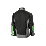 Vista trasera de una chaqueta de trabajo de John Deere de color negro, gris y verde, con bandas reflectantes en las mangas y cintura ajustable.