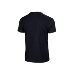Vista trasera de una camiseta lisa de manga corta de color azul oscuro, donde se destaca su diseño sencillo y su tejido liso.