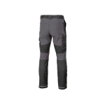 Rear view of two-tone work pants in dark grey and black with cargo pockets and reinforced knees.