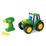 A green and yellow John Deere toy tractor with a cartoon face and a matching green and yellow toy drill on a white background.