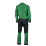 Back view of a green and black work overall with reflective strips on shoulders and lower legs.