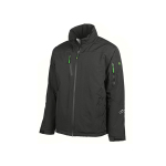 Vista frontal de una chaqueta de John Deere de color gris oscuro, con tiradores de cremallera verdes, cuello alto y detalles blancos en forma de uve en las mangas.