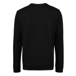 Vista trasera de una sudadera negra lisa de manga larga y cuello redondo, con puños y dobladillo de canalé.