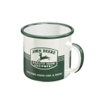 Front view of a white enamel John Deere mug with a dark green rim and handle, featuring the classic John Deere logo and slogan.