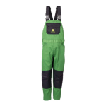 Vooraanzicht van een groen-zwarte kinderoverall van John Deere met een borstzak, kniestukken en verstelbare riemen.
