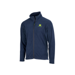 Front view of a navy blue and black John Deere full-zip fleece jacket with a stand-up collar and logo on the chest.