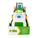 Vista frontal de un conjunto de juguetes John Deere Kids Farmin' Friends Hauling Set, que incluye un camión blanco y un tractor verde con caras de dibujos animados en su embalaje.