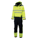 Front view of a John Deere high-visibility work overall in fluorescent yellow and black with reflective stripes and a hood.