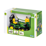 Vista en ángulo de un modelo a escala 1:16 de un tractor de césped John Deere X949 de color verde con asiento amarillo y una figura masculina, expuesto en su caja.
