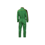 Back view of a green work overall with black shoulder and arm panels, yellow stripes, and cargo pockets.
