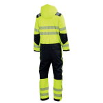 Back view of a high-visibility work overall in yellow and black with reflective stripes and a hood.