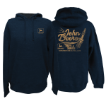 Front view of a blue heathered John Deere hoodie featuring a hood, kangaroo pocket, and a light beige logo on the left chest.