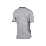 Vista trasera de una camiseta de manga corta de color gris jaspeado, con ribete gris oscuro en el cuello y las mangas.