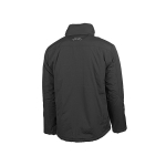 Baksida av en svart fodrad jacka med hög krage och två reflexband på övre delen av ryggen.