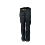 Front view of black John Deere work trousers with cargo pockets, reinforced knees, yellow waistband lining, and white hem stripes.