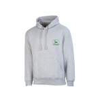 Front view of a grey hooded sweatshirt featuring a green John Deere logo on the left chest and a front pouch pocket.
