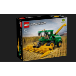 Front-side view of the box of the green and yellow LEGO Technic John Deere 9700 Forage Harvester model with a wide front attachment.