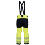 Back view of black and high-visibility yellow work pants with black suspenders, flap pockets, and reflective stripes on the lower legs.