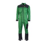Front view of a John Deere work overall in green and black with reflective details, chest pockets, and a cargo pocket.