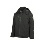 Vista frontal de una chaqueta con capucha negra de John Deere con tiradores de cremallera verdes y un diseño blanco en uve en la manga.